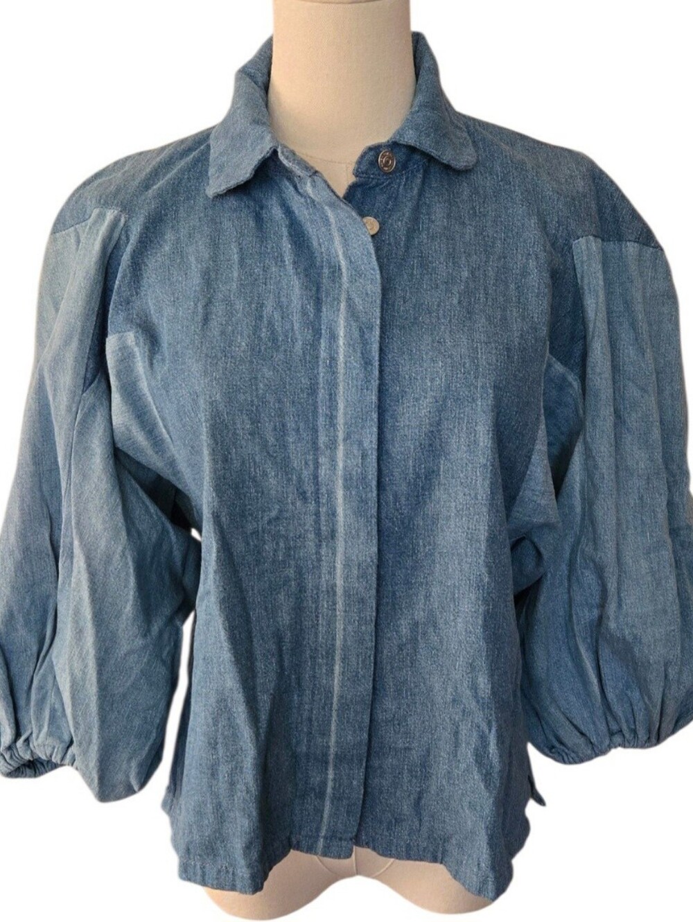 NWT 7 For All Mankind Balloon Star Sleeve Crop Denim Shirt Patchwork S - Picture 3 of 15